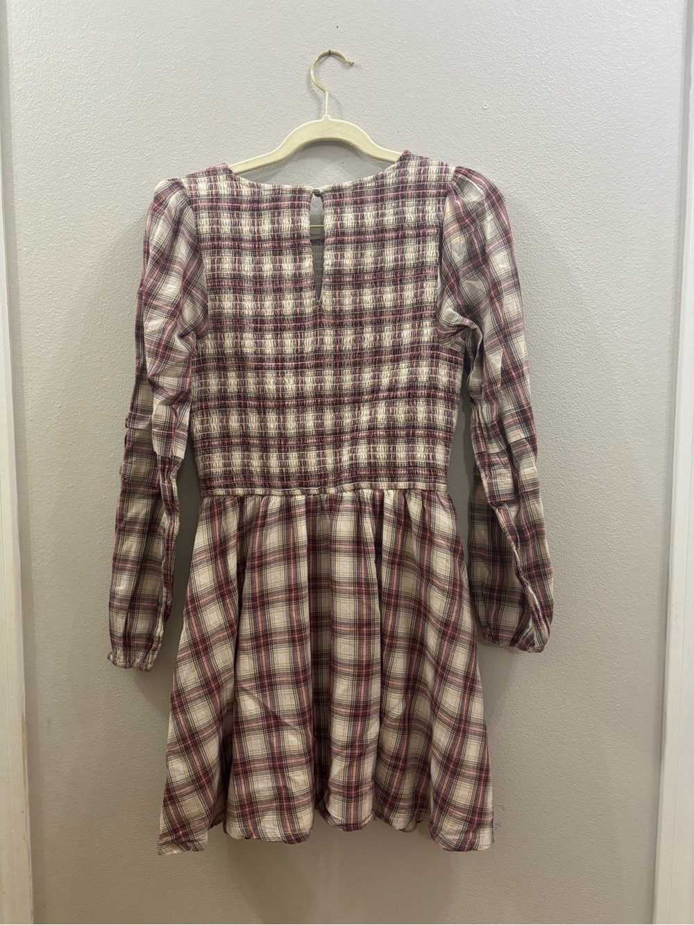 American Eagle Outfitters Burgundy and Cream Plaid Smocked Waist Dress - Picture 3 of 4